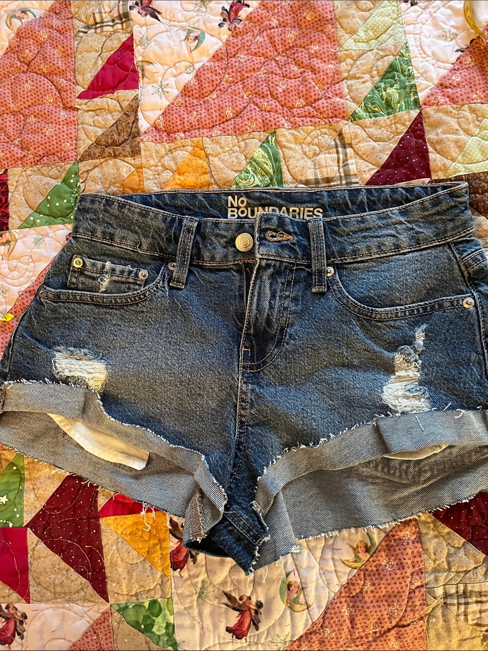No Boundaries Distressed Dark Blue Denim Rolled-Hem Shorts